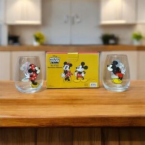 Disney Mickey & Minnie Mouse Stemless Glasses Set of 2 New in Box